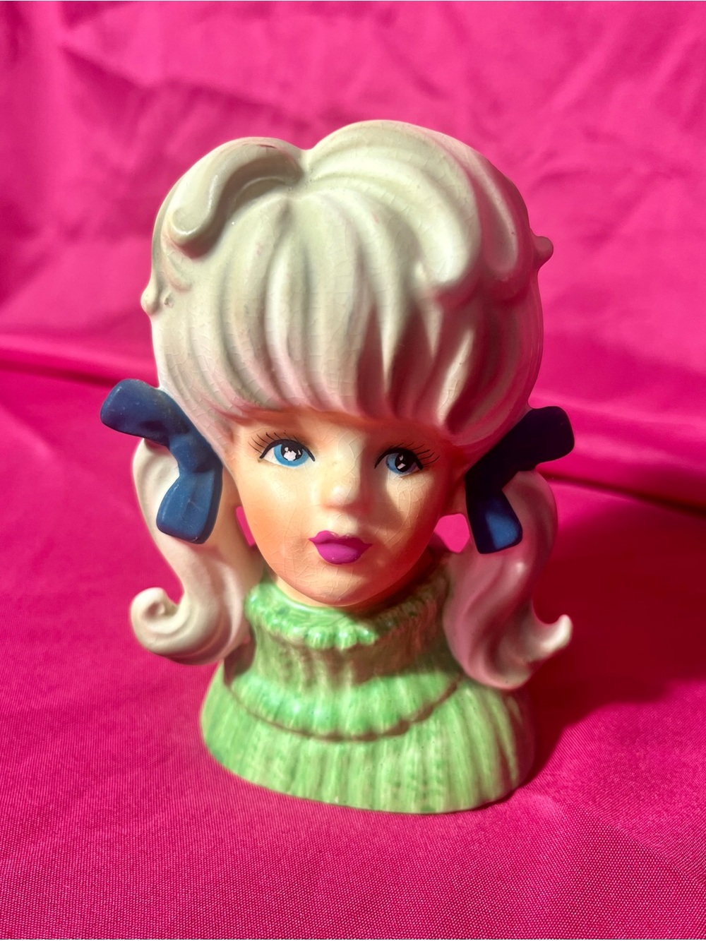 Vintage Enesco Ceramic Girl Planter Head with Blue Bows and Green Sweater